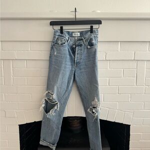 Agolde Light Blue Straight Leg Jeans with Distressed Details